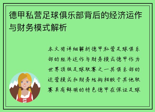 德甲私营足球俱乐部背后的经济运作与财务模式解析
