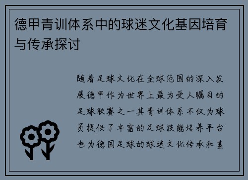 德甲青训体系中的球迷文化基因培育与传承探讨