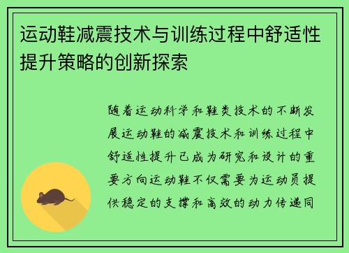 运动鞋减震技术与训练过程中舒适性提升策略的创新探索